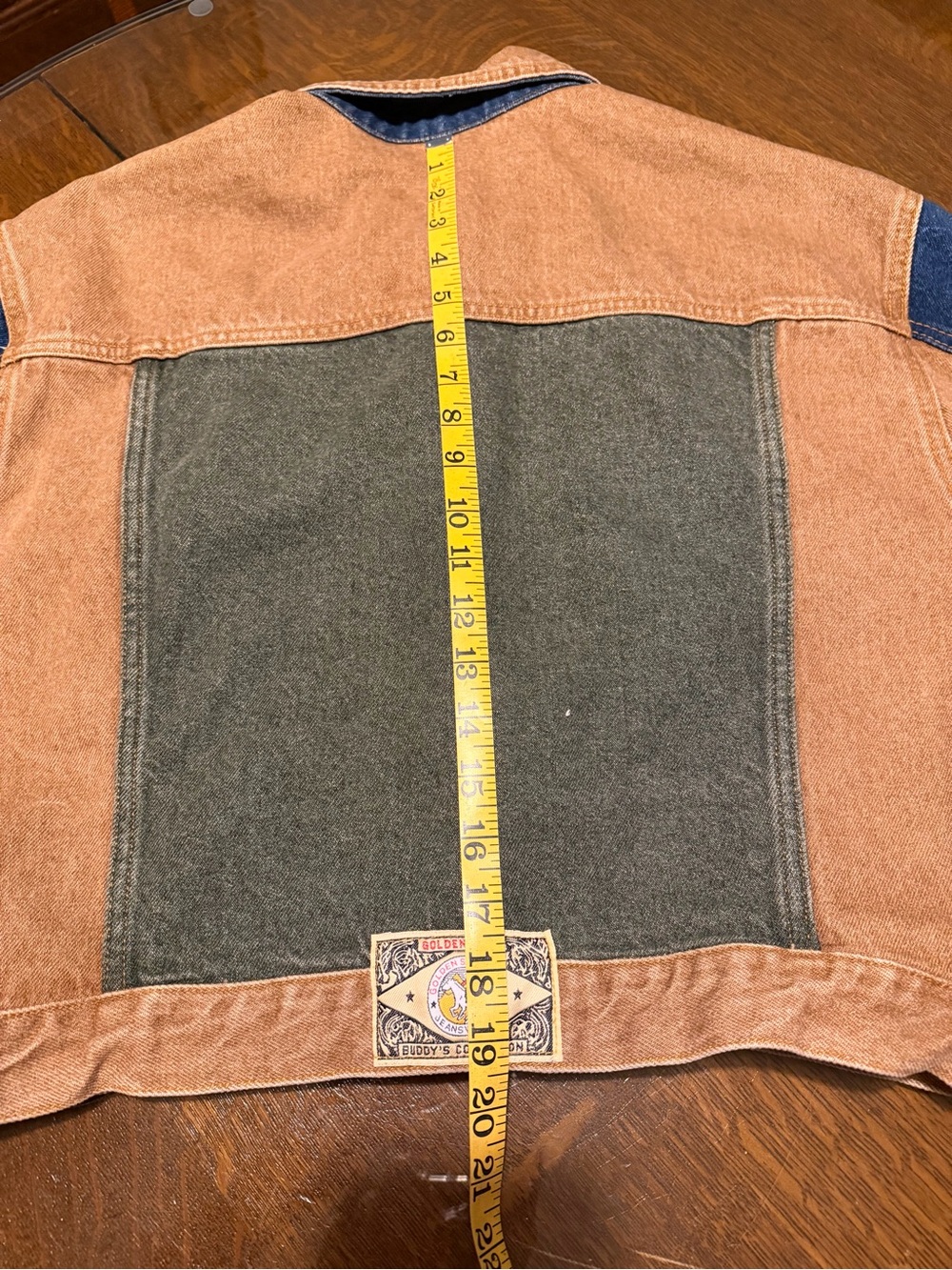 Vintage 1980’s Golden Star Colorblock Cropped Jean Jacket Brown, Olive & Indigo - Picture 6 of 11